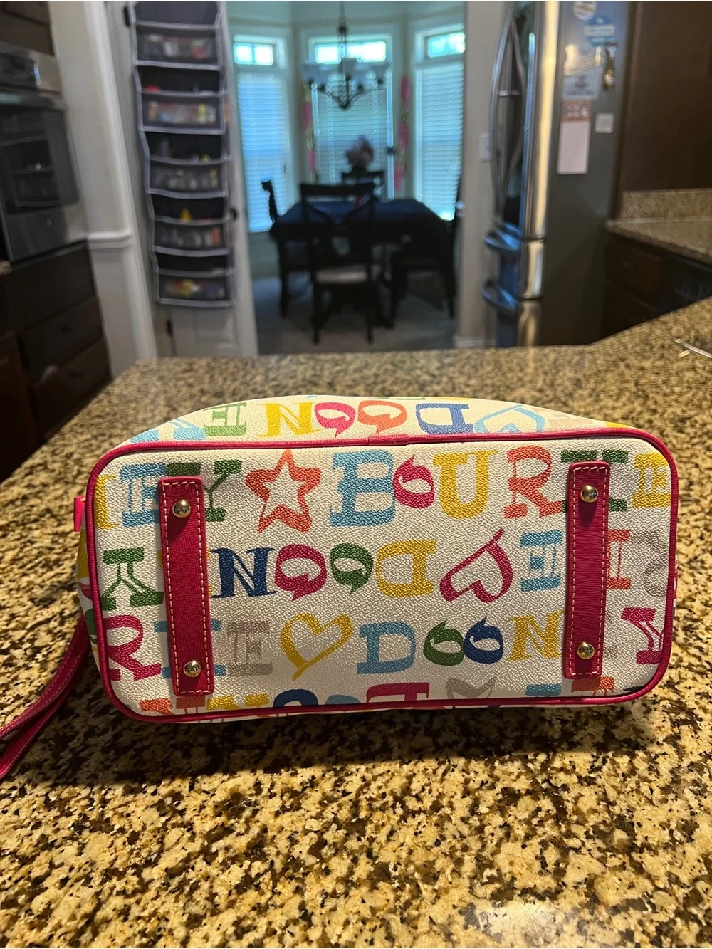 Dooney & Bourke Multicolor Logo Satchel with Pink Trim and Handles - Picture 5 of 6